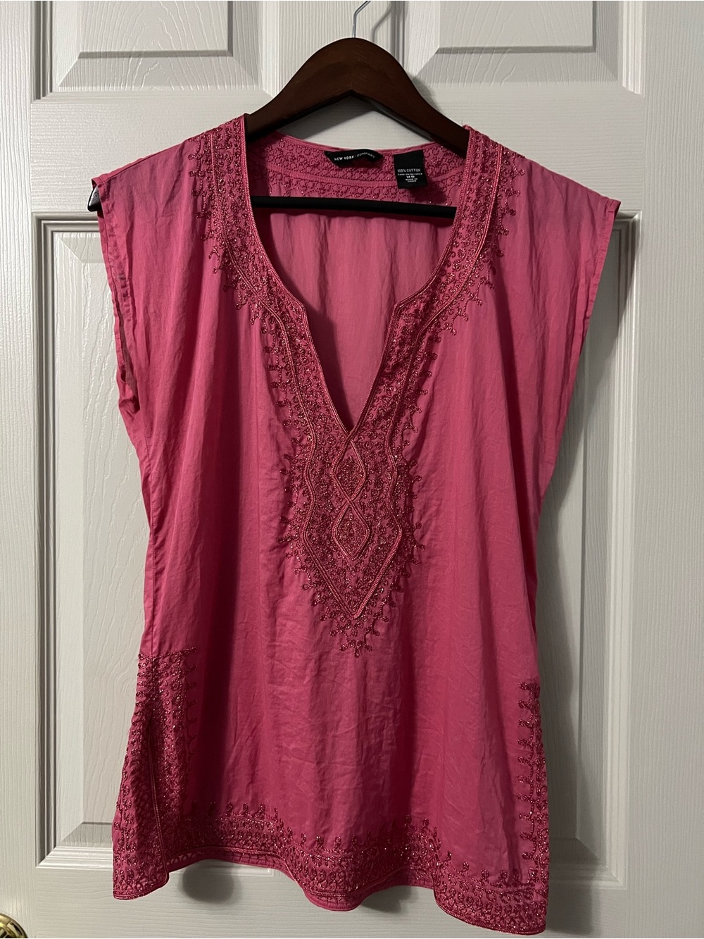 New York & Company Raspberry Pink Embroidered V-Neck Tunic